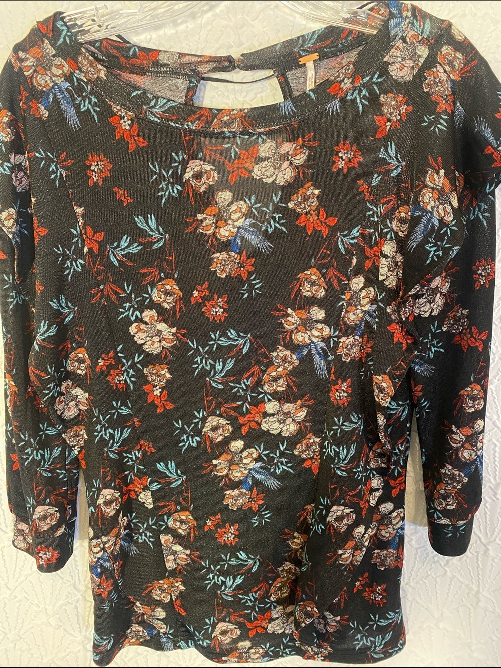 Free People Dock Street Black Floral Red & Blue Accents Ruffle sleeve blouse
